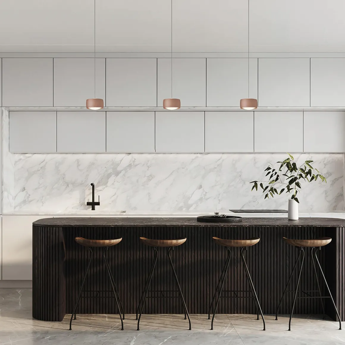 Oligo Grace LED Pendelleuchte, 3-flg., TW, unsichtbare Höhenverstellung, Baldachin: Alu gebürstet